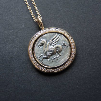 Anhänger Pegasus – Handgravur Silber , Roségold 750 / 18kt, Diamanten