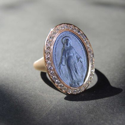 Ring 750 / 18 kt Roségold , Münze Silber, Diamanten