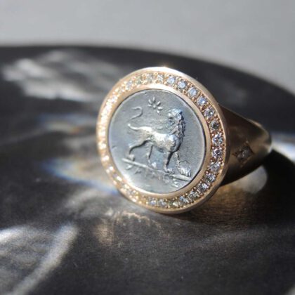 Ring 750 / 18 kt Roségold , Löwe Silber, Diamanten